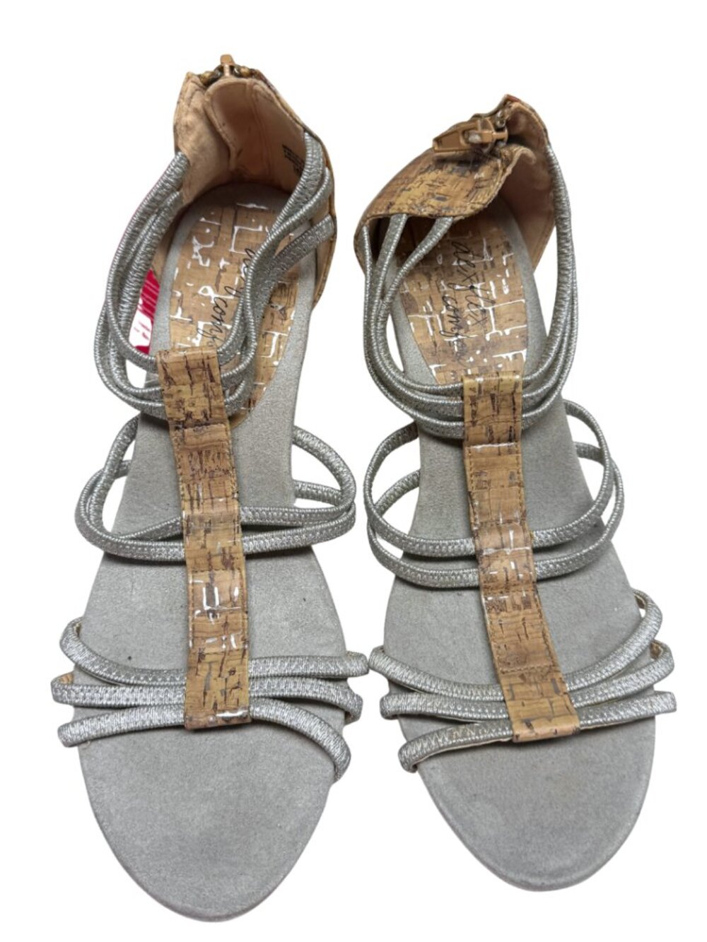 Dexflex Comfort Silver Metallic Strappy Cork Wedge Sandals Memory Foam NWT Size
